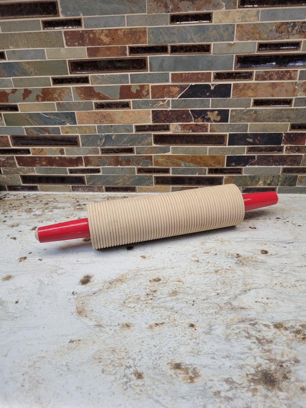 Vintage Grooved Lefse Rolling Pin Red Handles Wood Norwegian Corrugated Roller